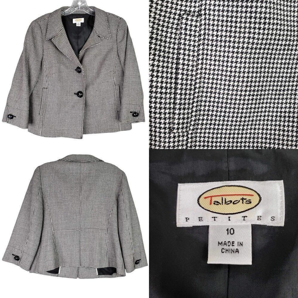Talbots Blazer Jacket Womens Size 10p Petite Stretch Lined Houndstooth Black